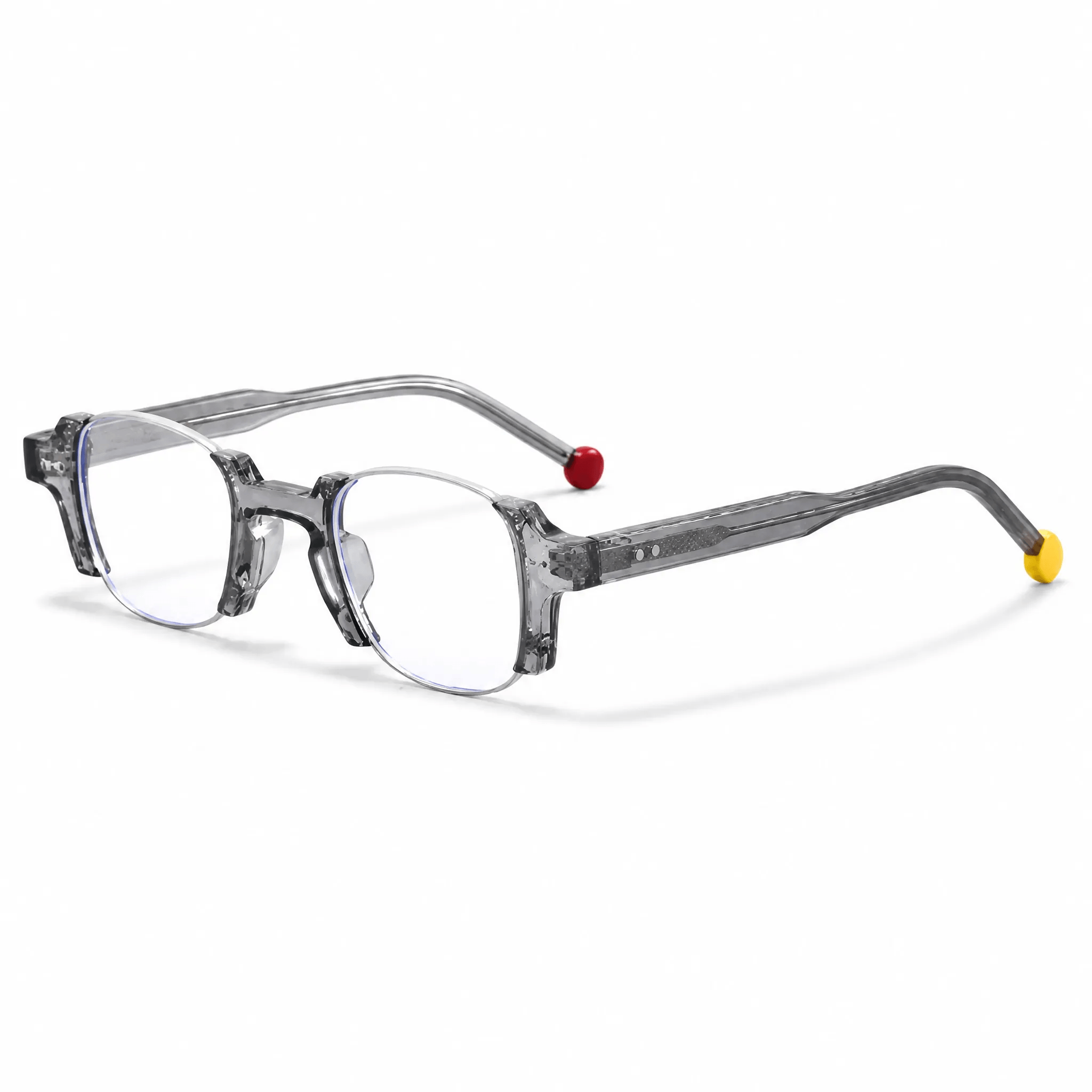 VELOPT-B112 modern geometric prescription glasses in translucent smoked clear grey PC with dual front rivets